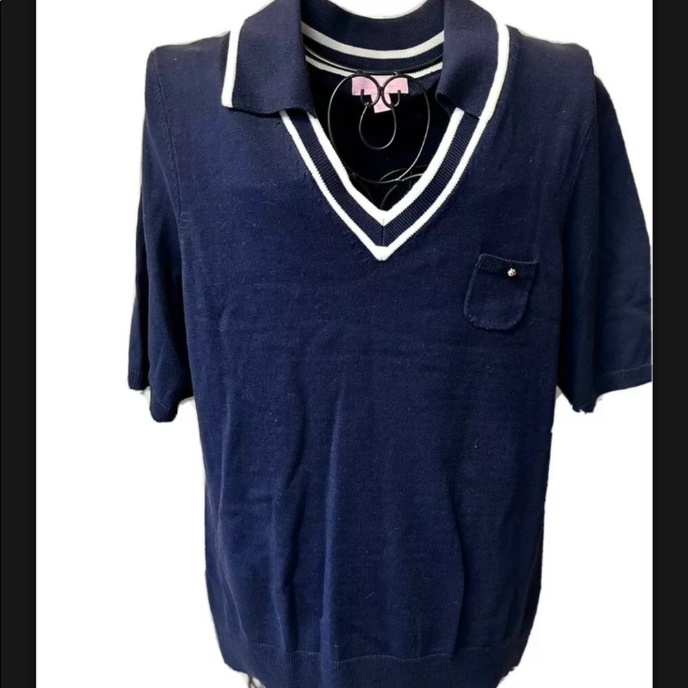 Lilly Pulitzer Sweater Pullover Sz L Navy Blue White V-Neck Pocket Gold Accent